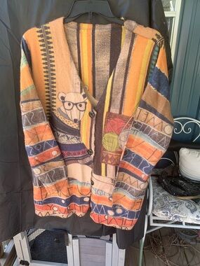 Amazon Multicolor Striped Knit Cardigan with Bear Motif - Orange, Brown, Blue